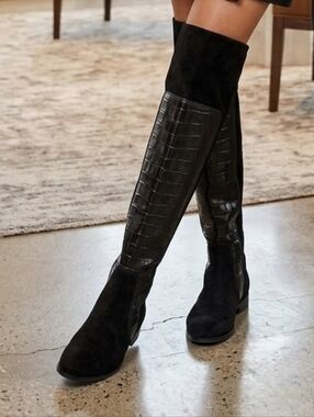 Black Suede & Croc-Embossed Knee Boots  - Women's